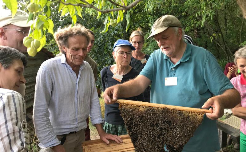 Norbert Poeplau (rechts) mit Kursteilnehmer*innen und Dr. Johannes Wirz bei den Bienen. (Foto: Barbara Leineweber)
