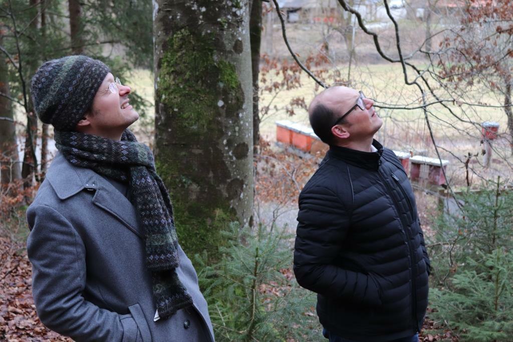 Andreas K&uuml;chle (Sparda-Bank BW) und Michael Slaby beobachten den Zeidlerbaum (Foto: Nick Leuckhardt Mellifera e.V.)