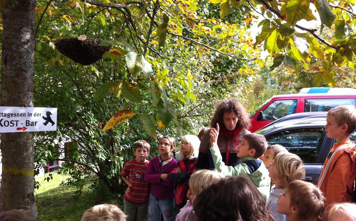 Ein Kunstschwarm auf der &bdquo;Bienen machen Schule&ldquo;-Tagung zieht die Aufmerksamkeit der Besucher auf sich. 