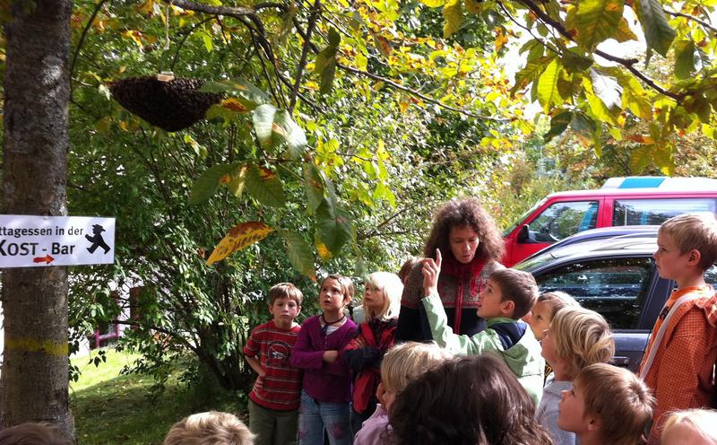 Ein Kunstschwarm auf der &bdquo;Bienen machen Schule&ldquo;-Tagung zieht die Aufmerksamkeit der Besucher auf sich. 