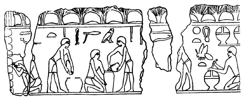 Darstellung ägyptischer Bienenhaltung im Sonnentempel Neuserre, Abu Ghorab, ca. 2.400 v. Chr. Links beginnend mit der Entnahme einer Honigwabe aus dem Bienenstock, anschließend die Honigverarbeitung. 