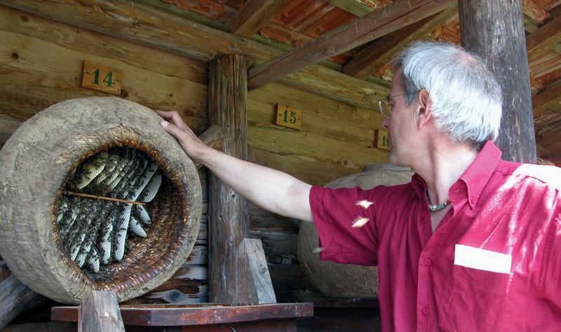 V&ouml;lkerkontrolle an einem traditionellen Bienenkorb (Foto: Thomas Radetzki)
